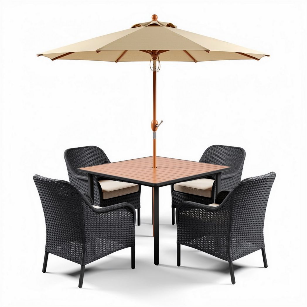 Outdoor dining set with umbrella, wicker and metal construction - 120 x 120 x 250cm