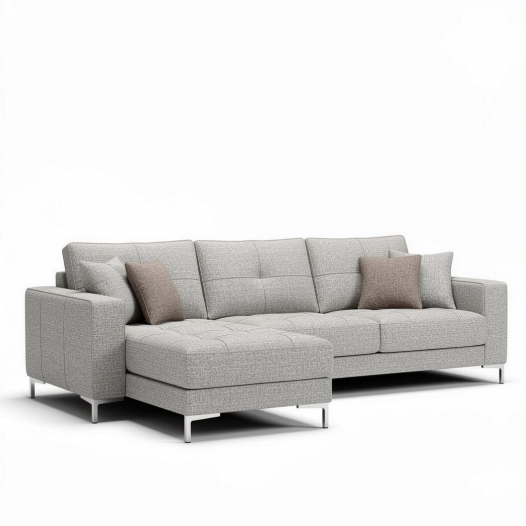 Sectional sofa in light gray fabric with cushions - approximately 250 x 90 x 85cm